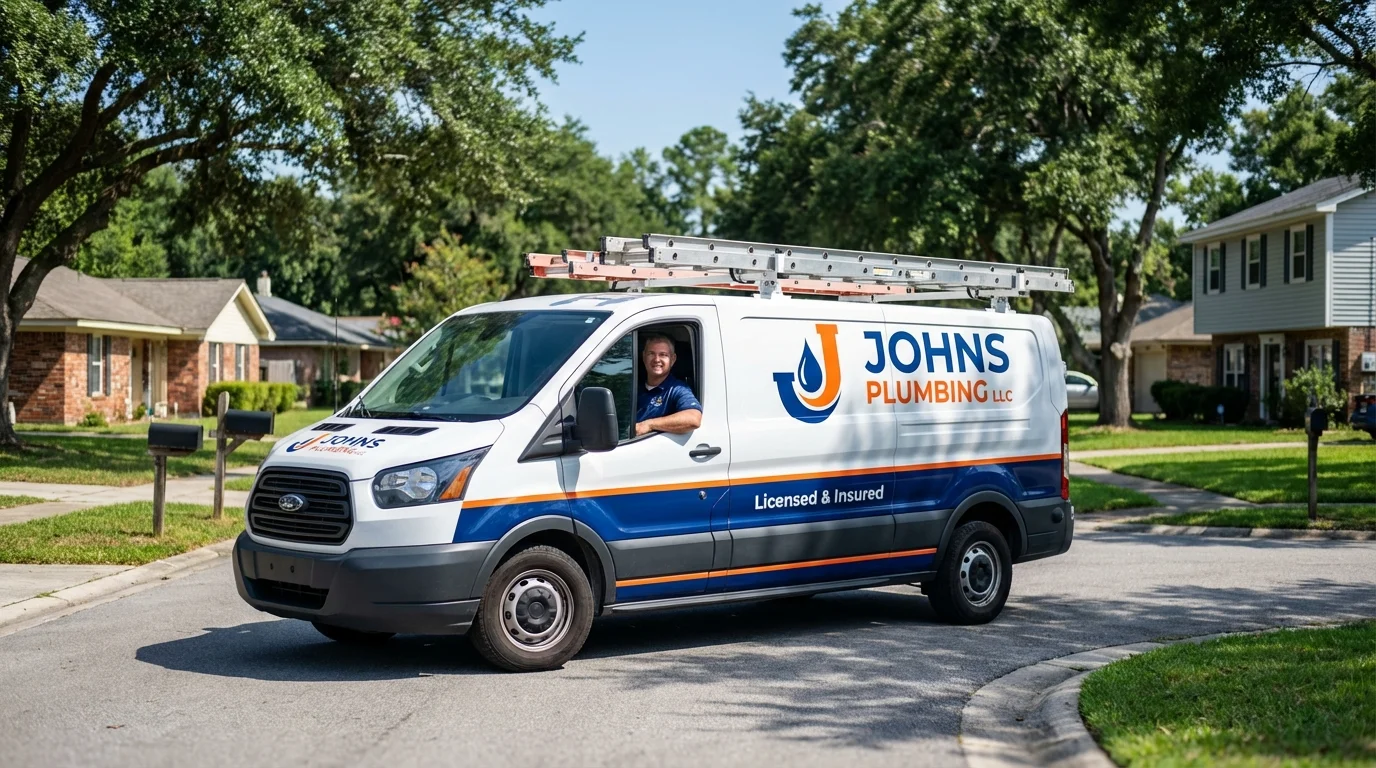 Johns Plumbing LLC service van in Bayport, NY