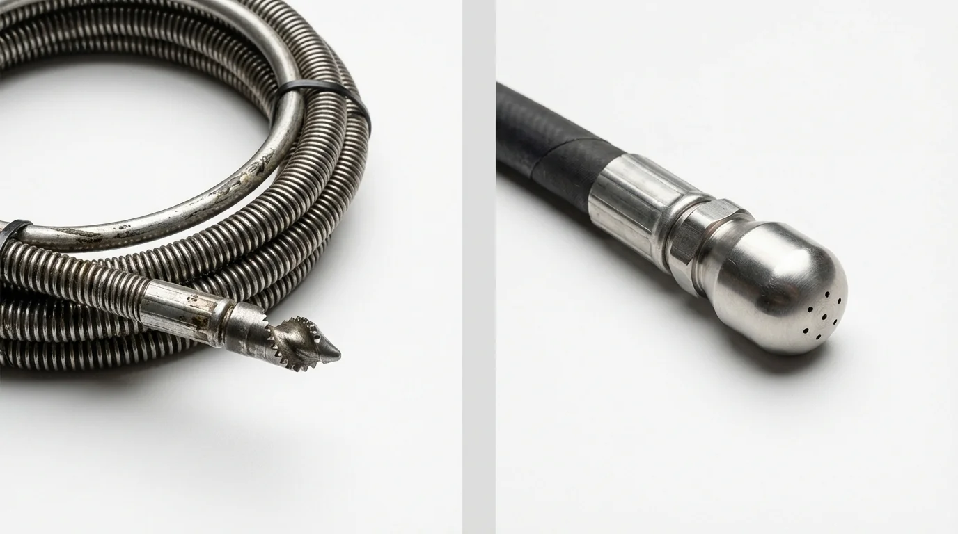 Drain snake cable and hydro jetting nozzle used for drain cleaning in Bayport, NY