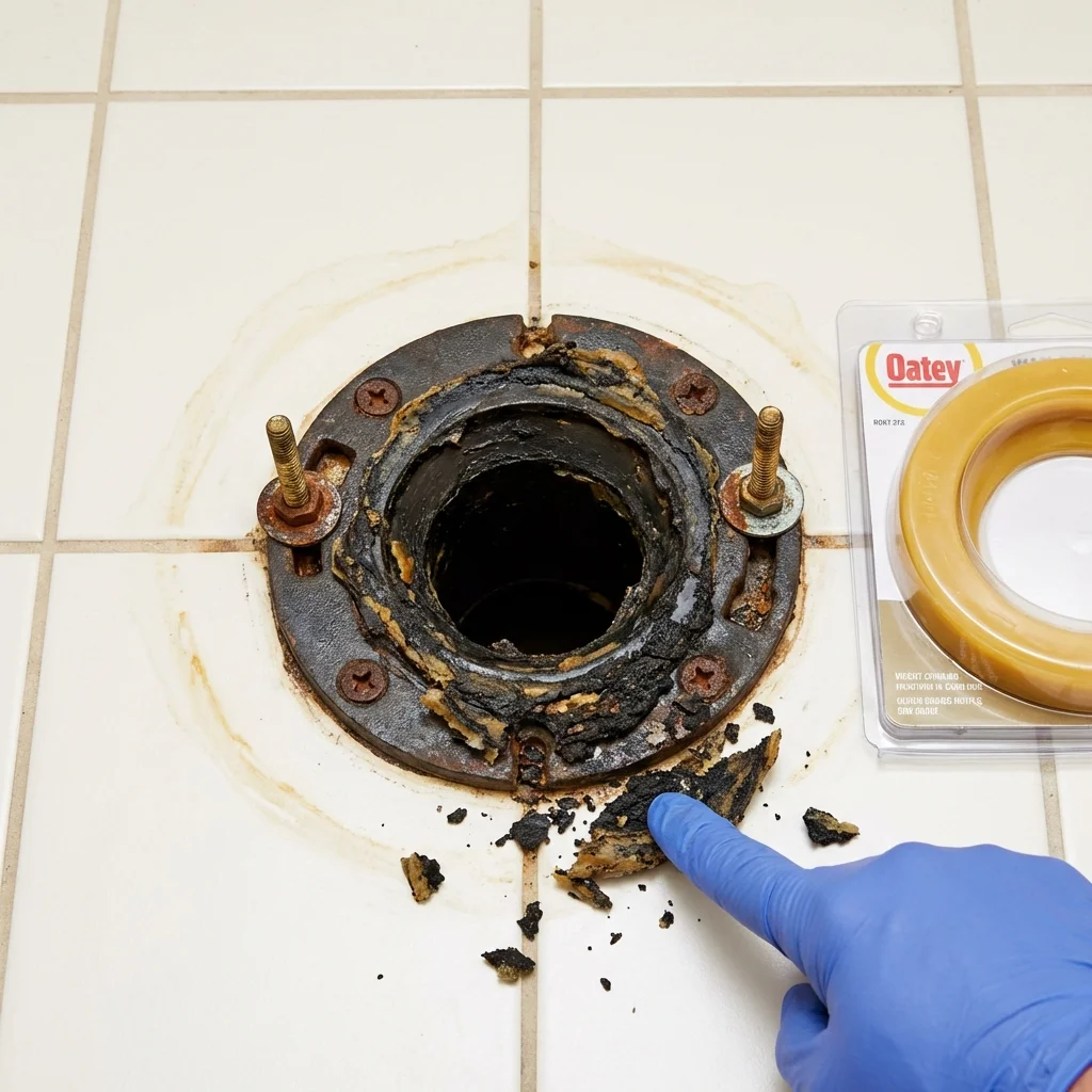 Failed wax ring showing water seepage at the base of a toilet in a Bayport, NY home