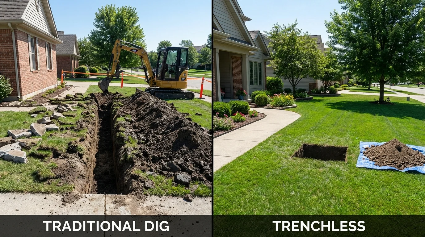 Trenchless sewer repair with minimal yard damage versus traditional excavation in Bayport, NY