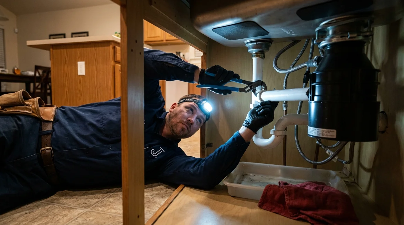 P-trap and supply line connections under a kitchen sink showing a common leak point in Bayport, NY
